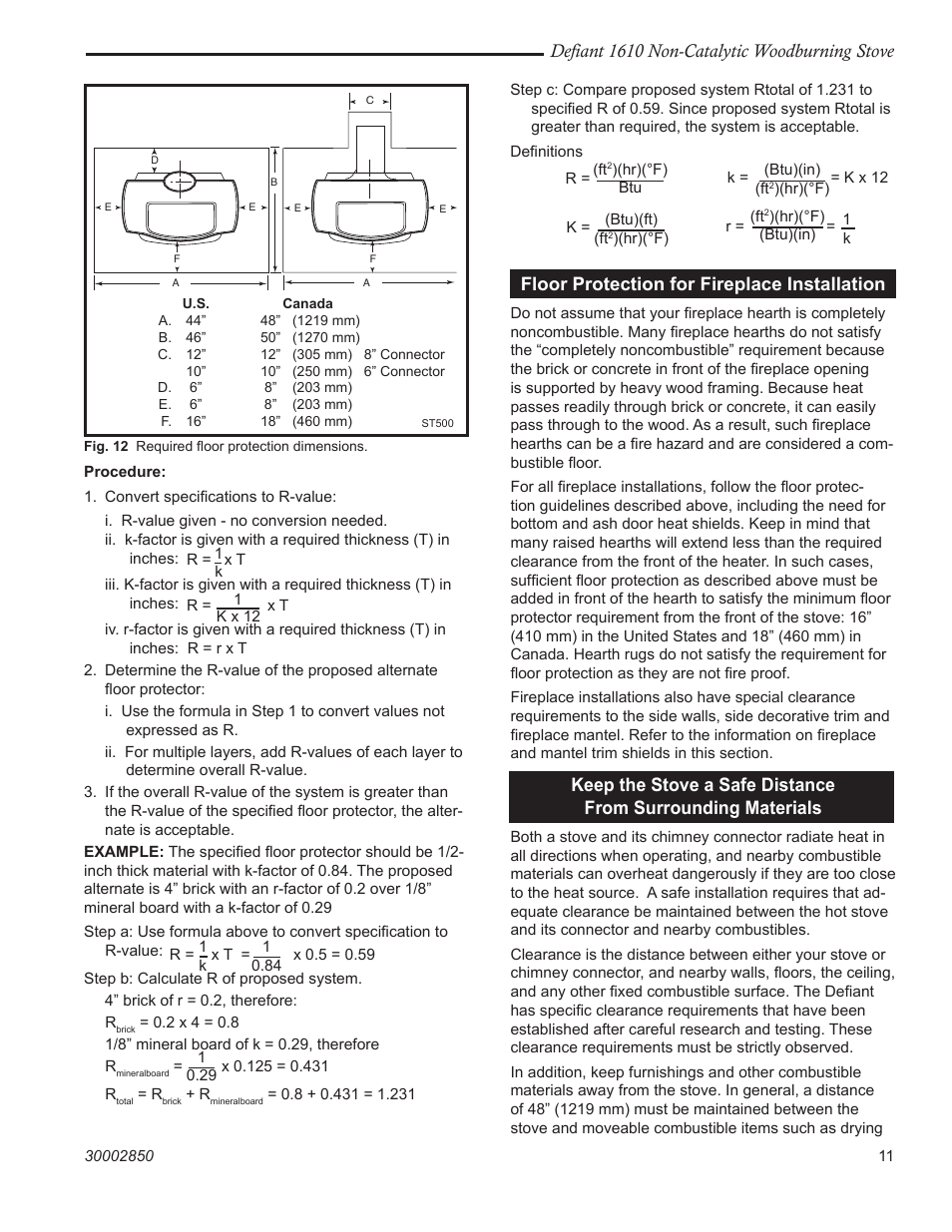 Defiant 1610 non-catalytic woodburning stove, Floor protection for fireplace installation | Vermont Casting 1610 User Manual | Page 11 / 40