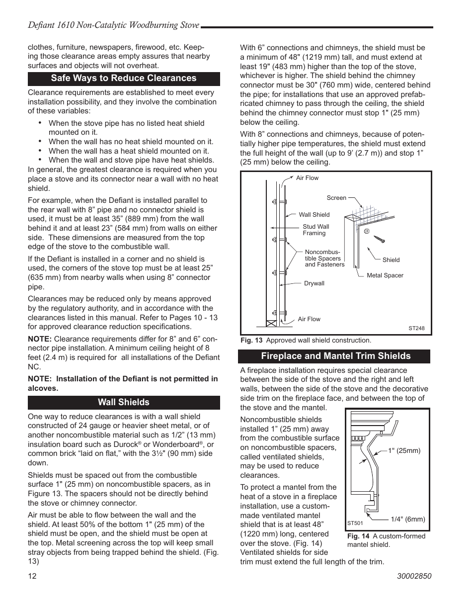 Defiant 1610 non-catalytic woodburning stove, Fireplace and mantel trim shields, Safe ways to reduce clearances | Wall shields | Vermont Casting 1610 User Manual | Page 12 / 40