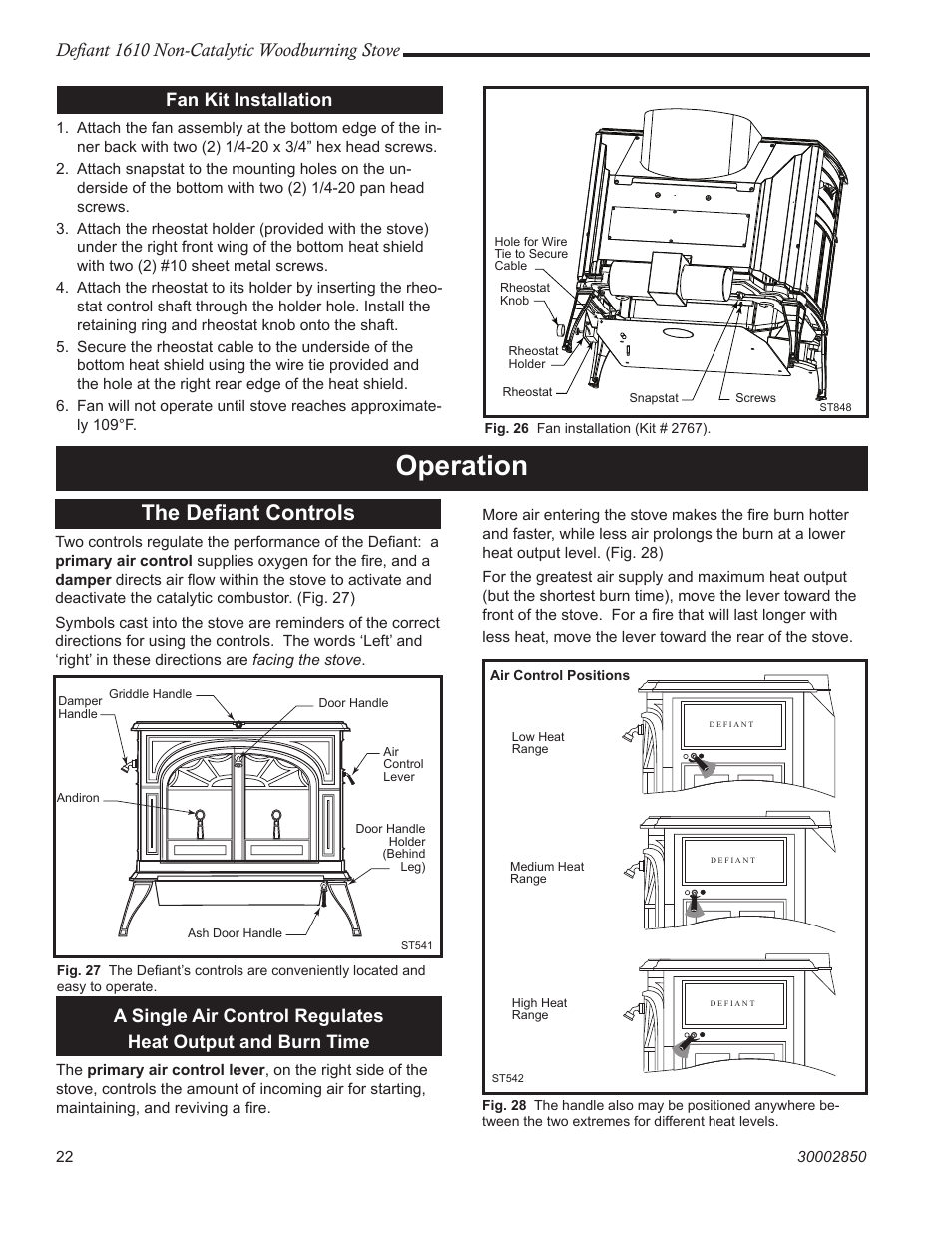 Operation, The deﬁant controls, Defiant 1610 non-catalytic woodburning stove | Fan kit installation | Vermont Casting 1610 User Manual | Page 22 / 40