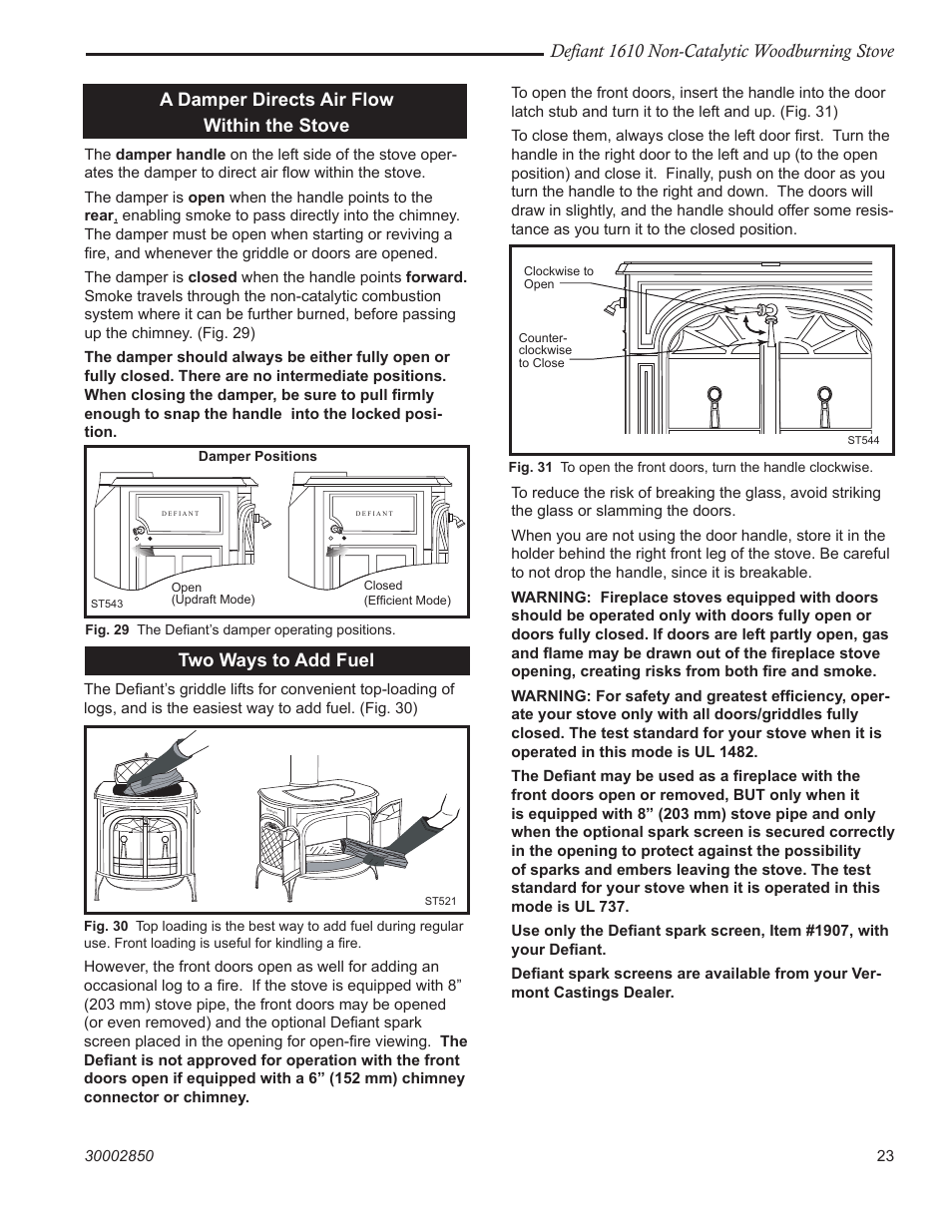 Defiant 1610 non-catalytic woodburning stove, Two ways to add fuel, A damper directs air flow within the stove | Vermont Casting 1610 User Manual | Page 23 / 40