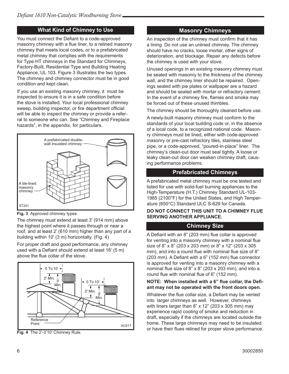 Defiant 1610 non-catalytic woodburning stove, What kind of chimney to use, Masonry chimneys | Prefabricated chimneys, Chimney size | Vermont Casting 1610 User Manual | Page 6 / 40