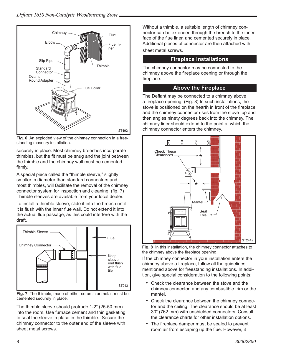 Defiant 1610 non-catalytic woodburning stove, Fireplace installations, Above the fireplace | Vermont Casting 1610 User Manual | Page 8 / 40