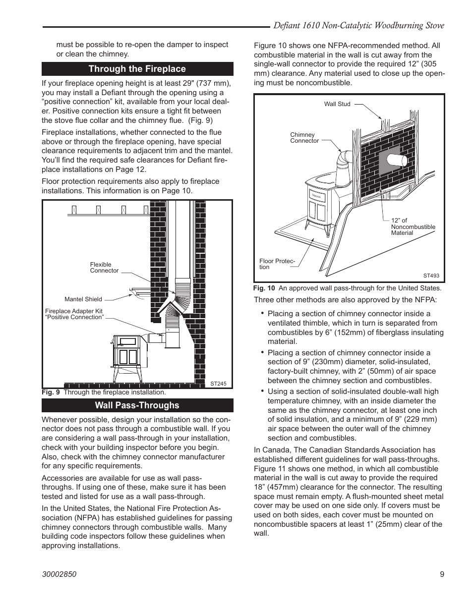 Defiant 1610 non-catalytic woodburning stove, Through the fireplace, Wall pass-throughs | Vermont Casting 1610 User Manual | Page 9 / 40