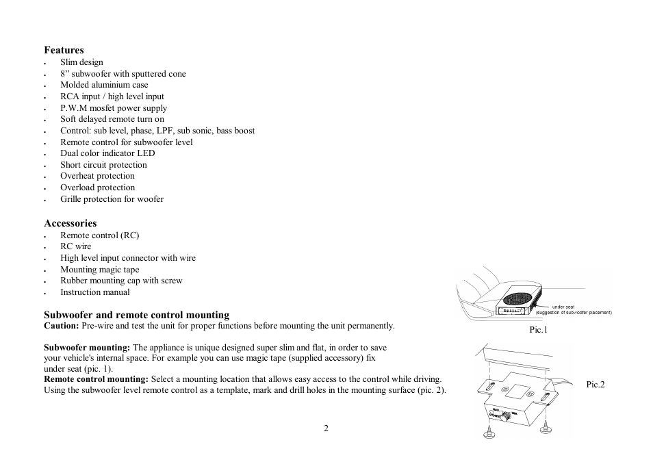 Features, Accessories, Subwoofer and remote control mounting | Hyundai H-CSX8A User Manual | Page 2 / 11