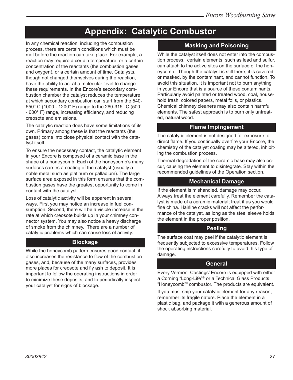 Appendix: catalytic combustor, Encore woodburning stove | Vermont Casting 2550CE User Manual | Page 27 / 32