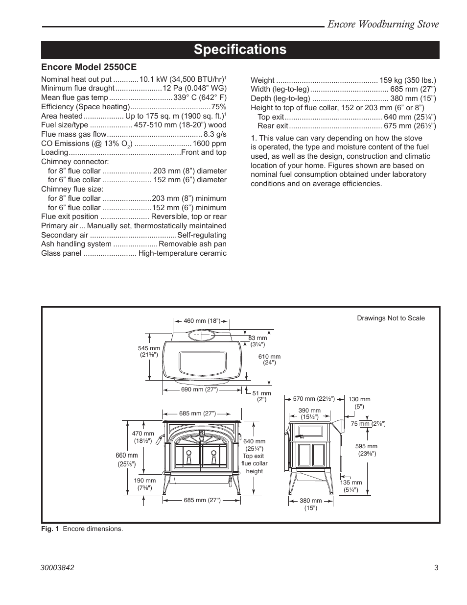 Speciﬁcations, Encore woodburning stove, Encore model 2550ce | Vermont Casting 2550CE User Manual | Page 3 / 32
