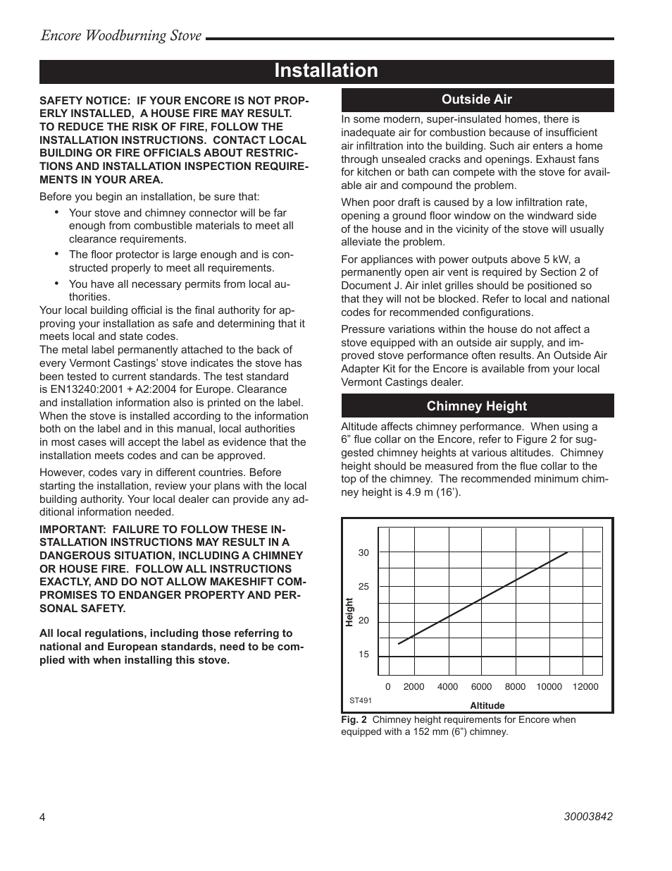 Installation, Encore woodburning stove | Vermont Casting 2550CE User Manual | Page 4 / 32