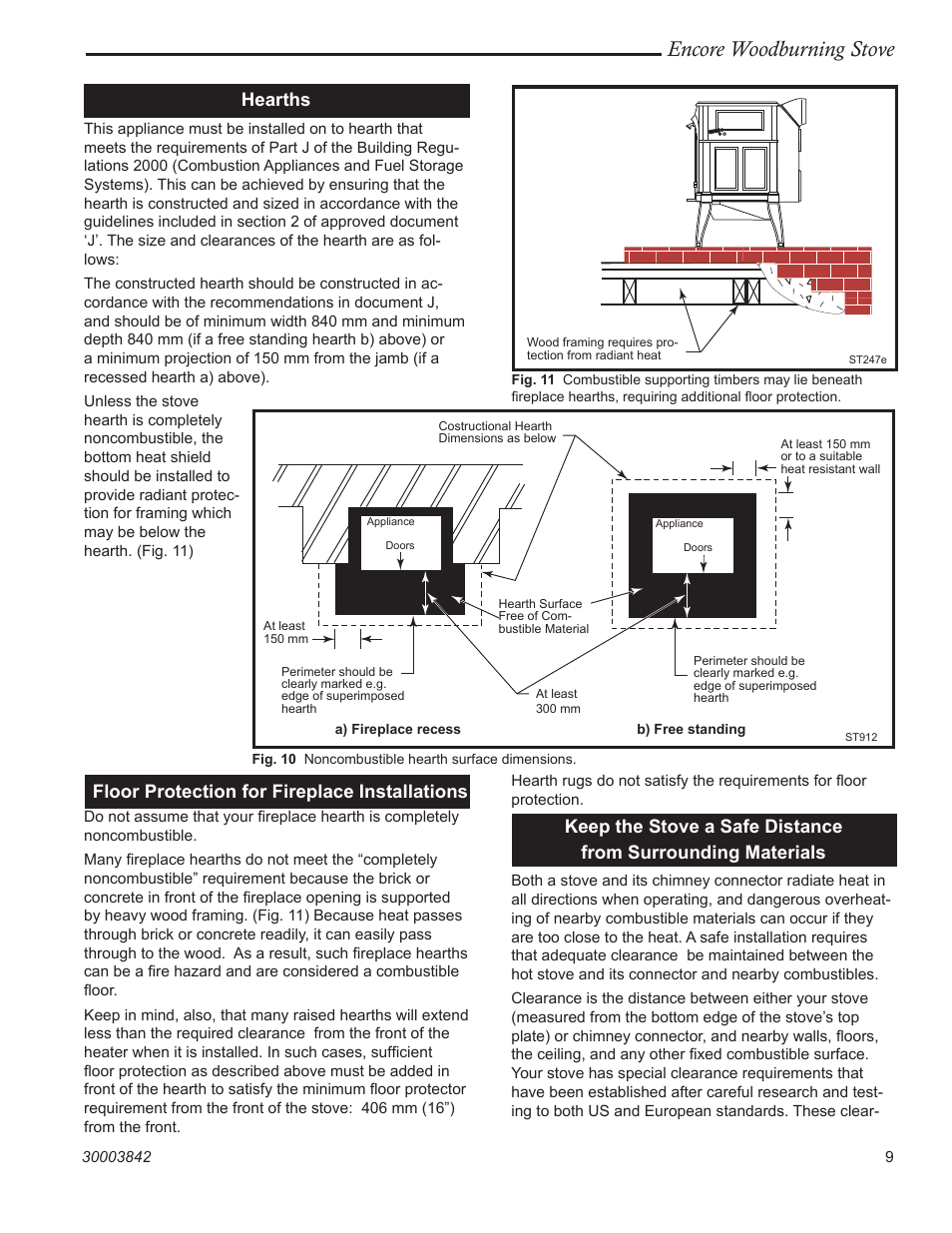 Encore woodburning stove, Floor protection for fireplace installations, Hearths | Vermont Casting 2550CE User Manual | Page 9 / 32