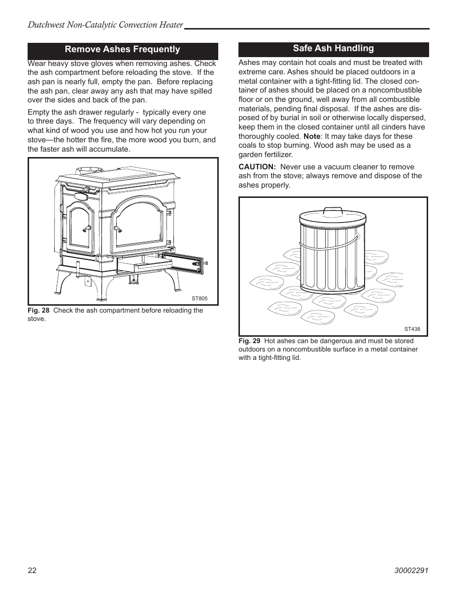 Dutchwest non-catalytic convection heater, Remove ashes frequently, Safe ash handling | Vermont Casting 2479 User Manual | Page 22 / 32