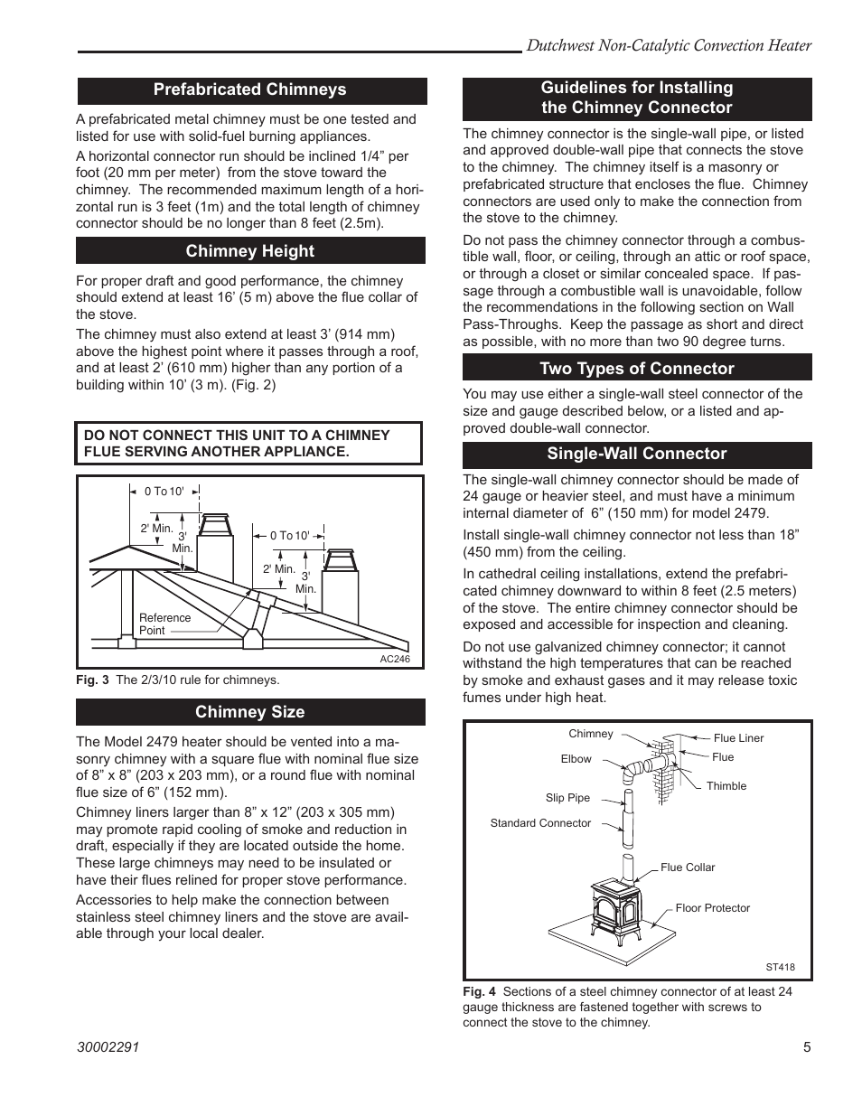 Dutchwest non-catalytic convection heater, Prefabricated chimneys, Chimney height | Chimney size, Guidelines for installing the chimney connector, Two types of connector, Single-wall connector | Vermont Casting 2479 User Manual | Page 5 / 32