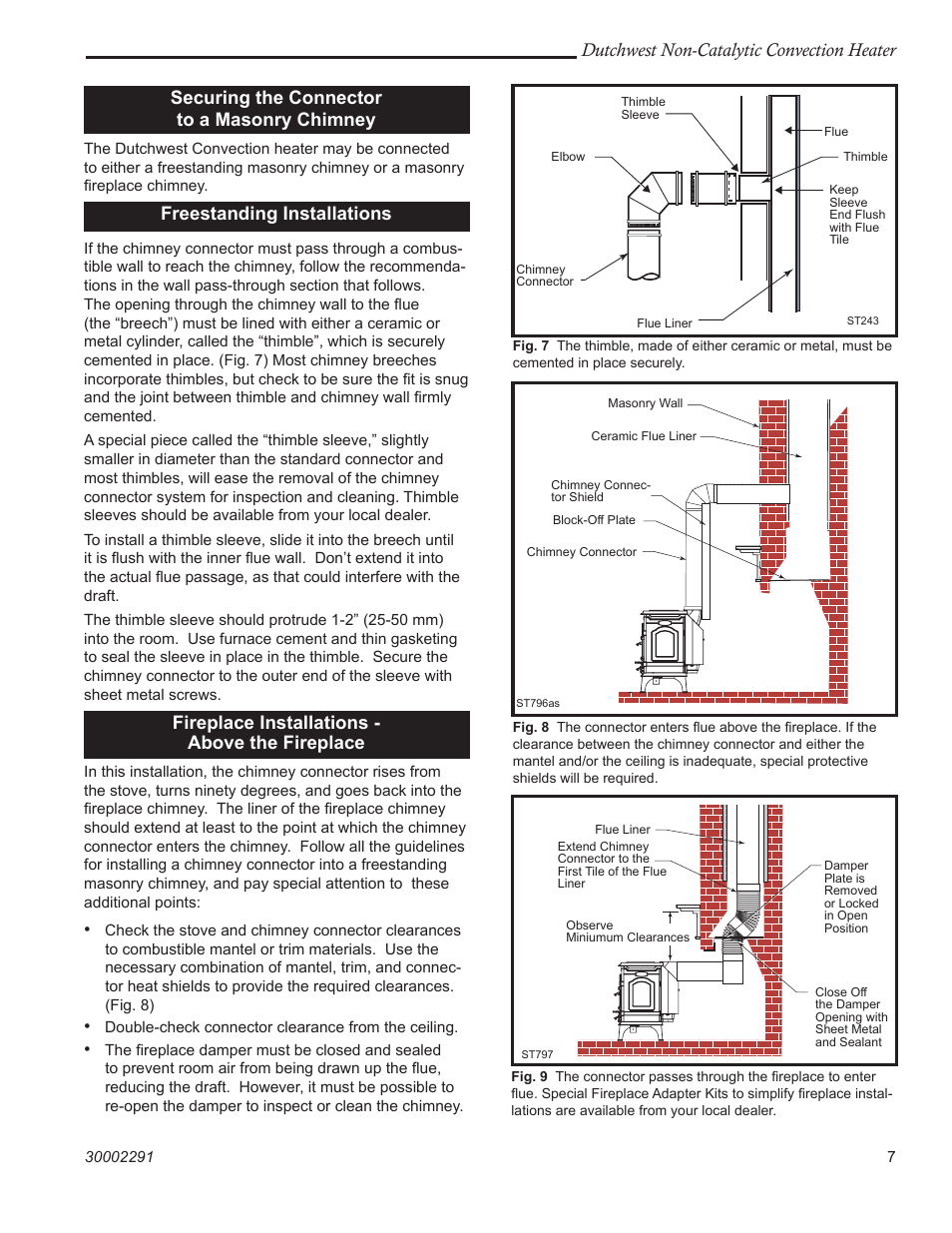 Dutchwest non-catalytic convection heater, Securing the connector to a masonry chimney, Freestanding installations | Fireplace installations - above the fireplace | Vermont Casting 2479 User Manual | Page 7 / 32