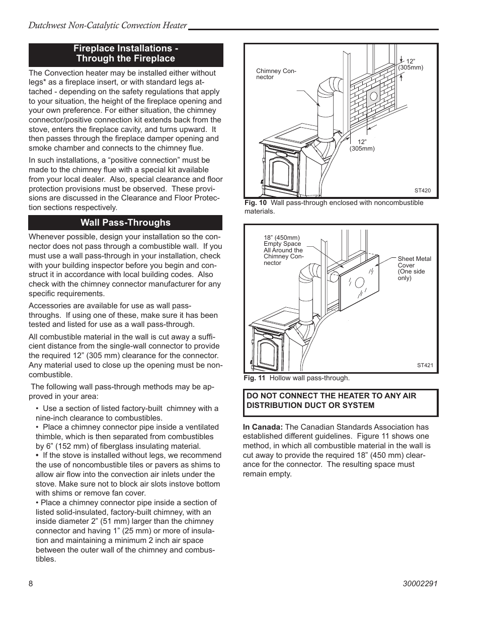 Dutchwest non-catalytic convection heater, Fireplace installations - through the fireplace, Wall pass-throughs | Vermont Casting 2479 User Manual | Page 8 / 32