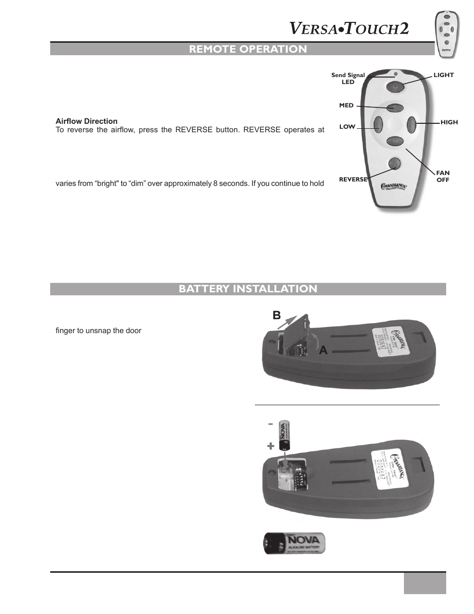 Remote operation, Battery installation | Vermont Casting Vermont Ceiling C34G624M User Manual | Page 17 / 21