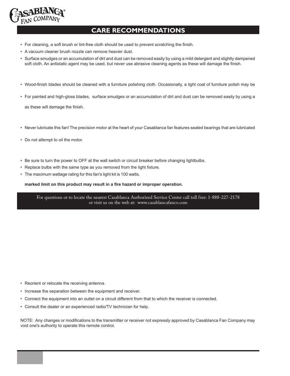 Care recommendations | Vermont Casting Vermont Ceiling C34G624M User Manual | Page 20 / 21