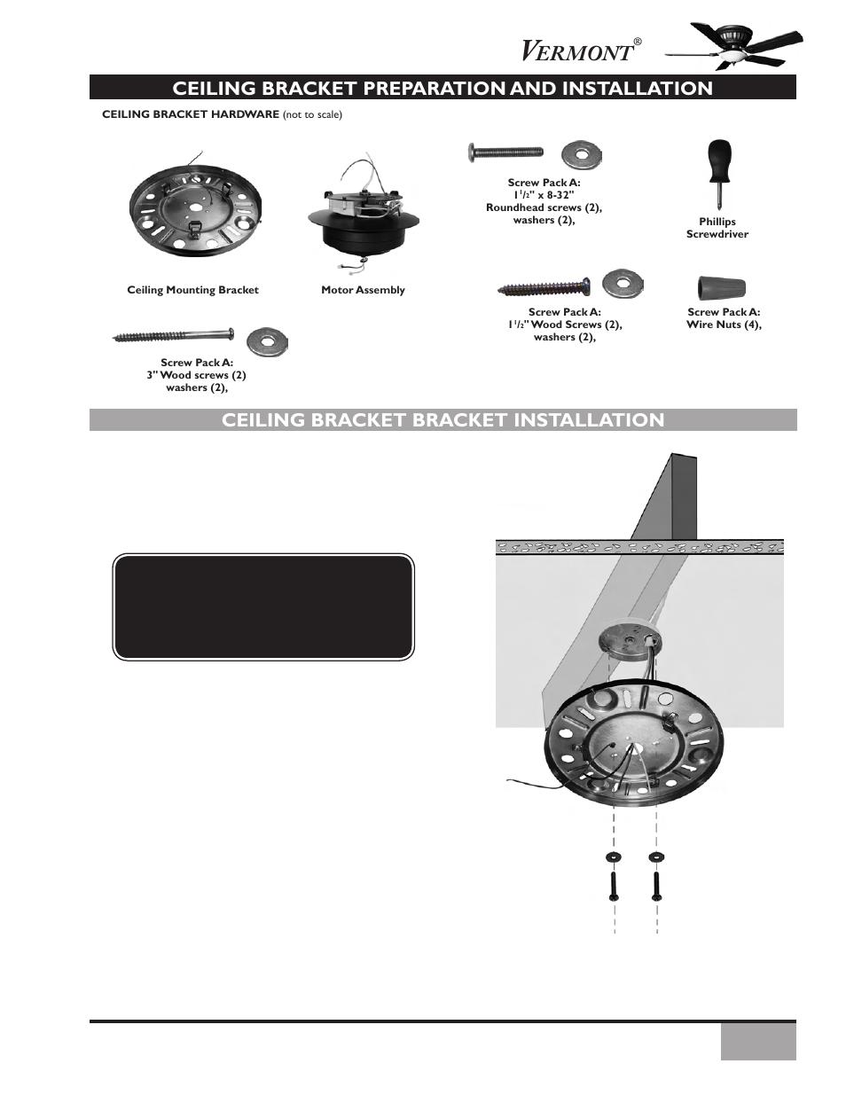 Ermont, Ceiling bracket bracket installation, Ceiling bracket preparation and installation | Vermont Casting Vermont Ceiling C34G624M User Manual | Page 7 / 21