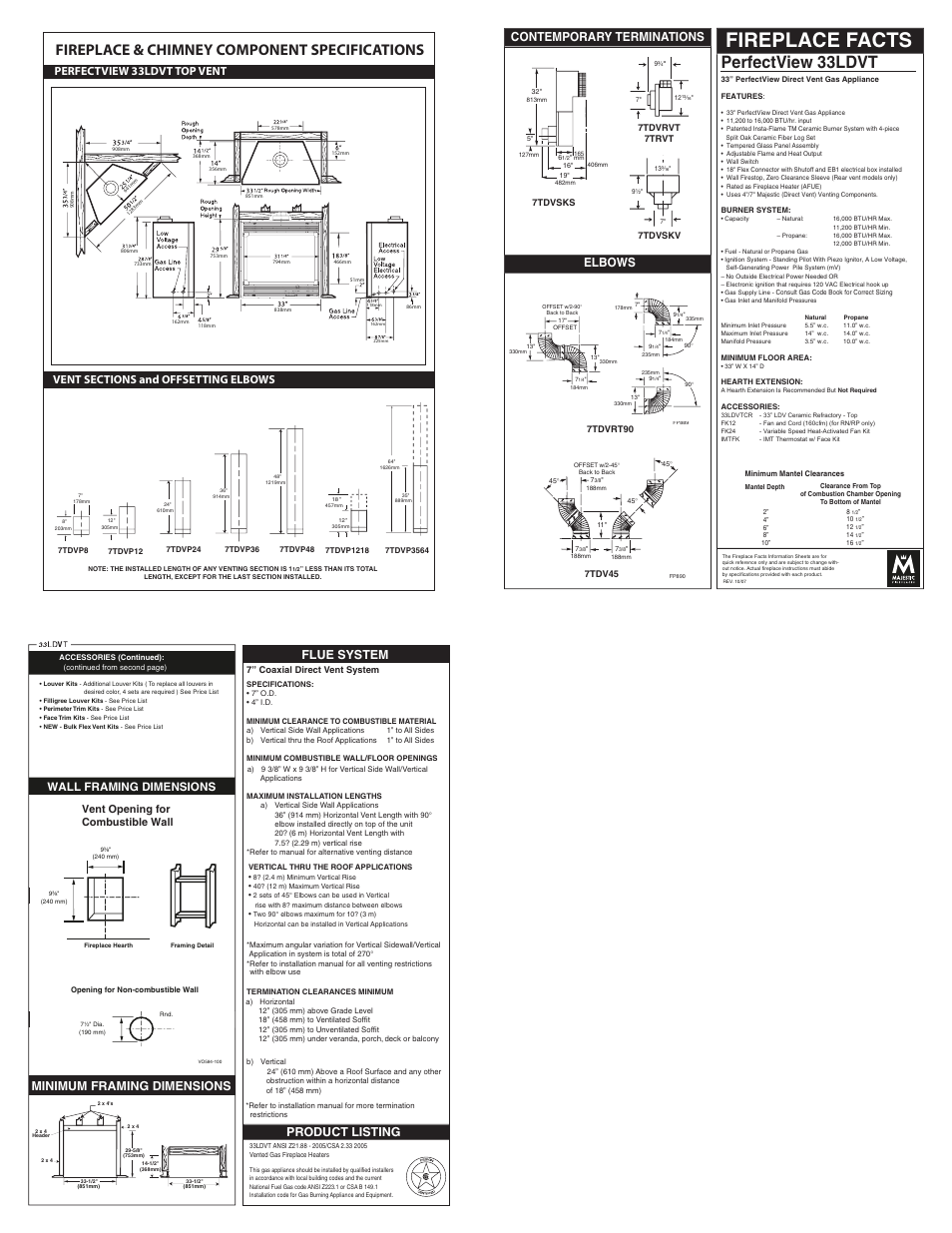 Fireplace facts, Perfectview 33ldvt, Fireplace & chimney component specifications | Contemporary terminations, Elbows, Minimum framing dimensions flue system, Product listing, Wall framing dimensions, Vent opening for combustible wall | Vermont Casting 33LDVT User Manual | Page 2 / 3