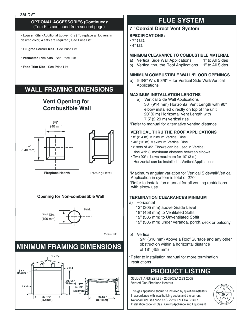Minimum framing dimensions flue system, Product listing, Wall framing dimensions | Vermont Casting 33LDVT User Manual | Page 3 / 3