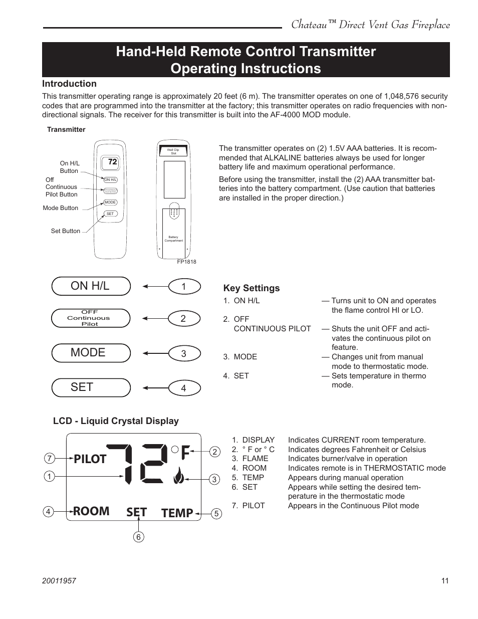 Chateau™ direct vent gas fireplace, On h/l, Mode | Vermont Casting ChateauTM DTV38s2 User Manual | Page 11 / 48