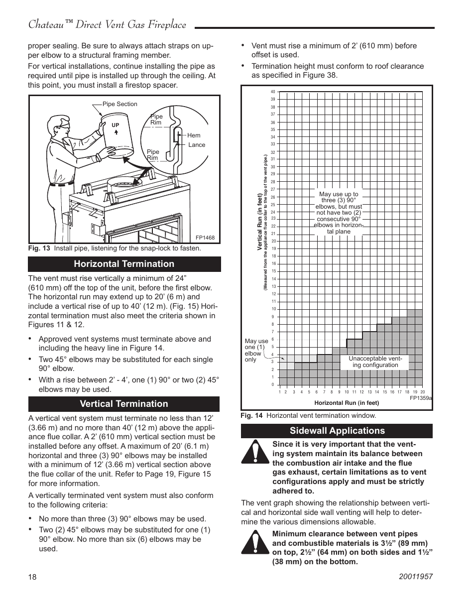 Chateau™ direct vent gas fireplace, Horizontal termination, Vertical termination | Sidewall applications | Vermont Casting ChateauTM DTV38s2 User Manual | Page 18 / 48