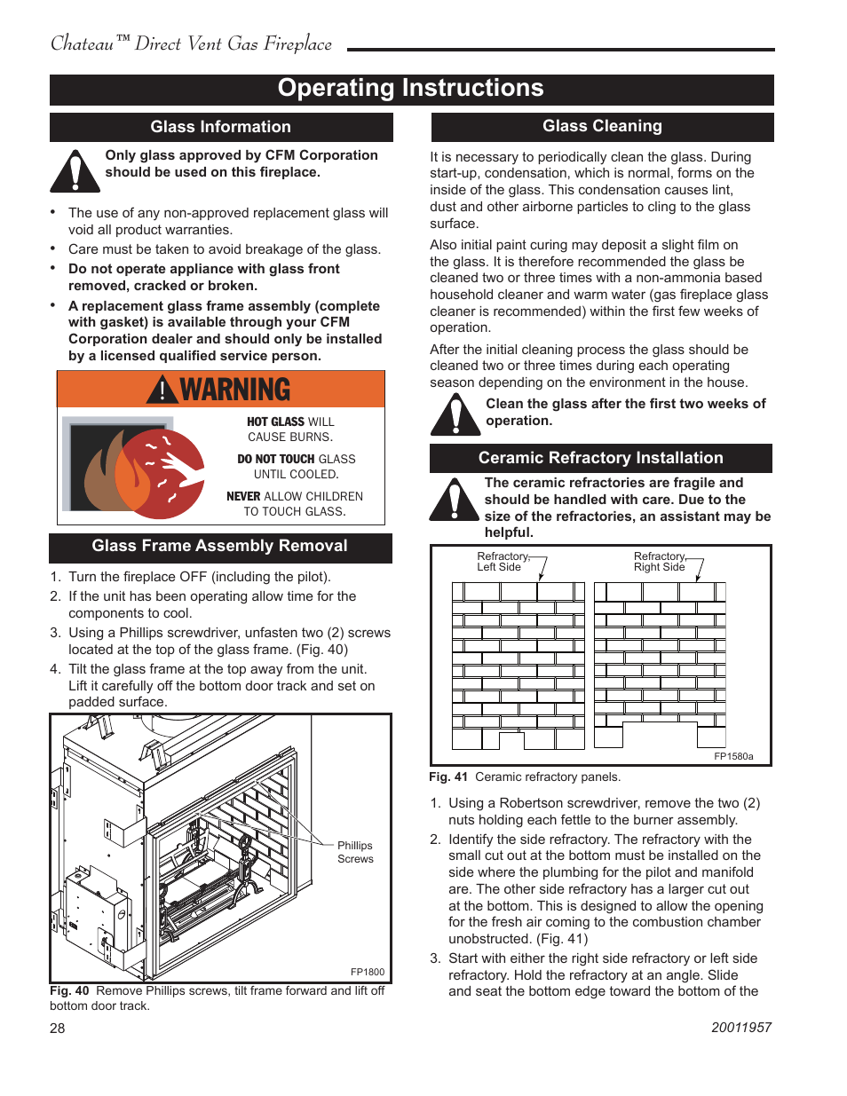 Operating instructions, Chateau™ direct vent gas fireplace | Vermont Casting ChateauTM DTV38s2 User Manual | Page 28 / 48