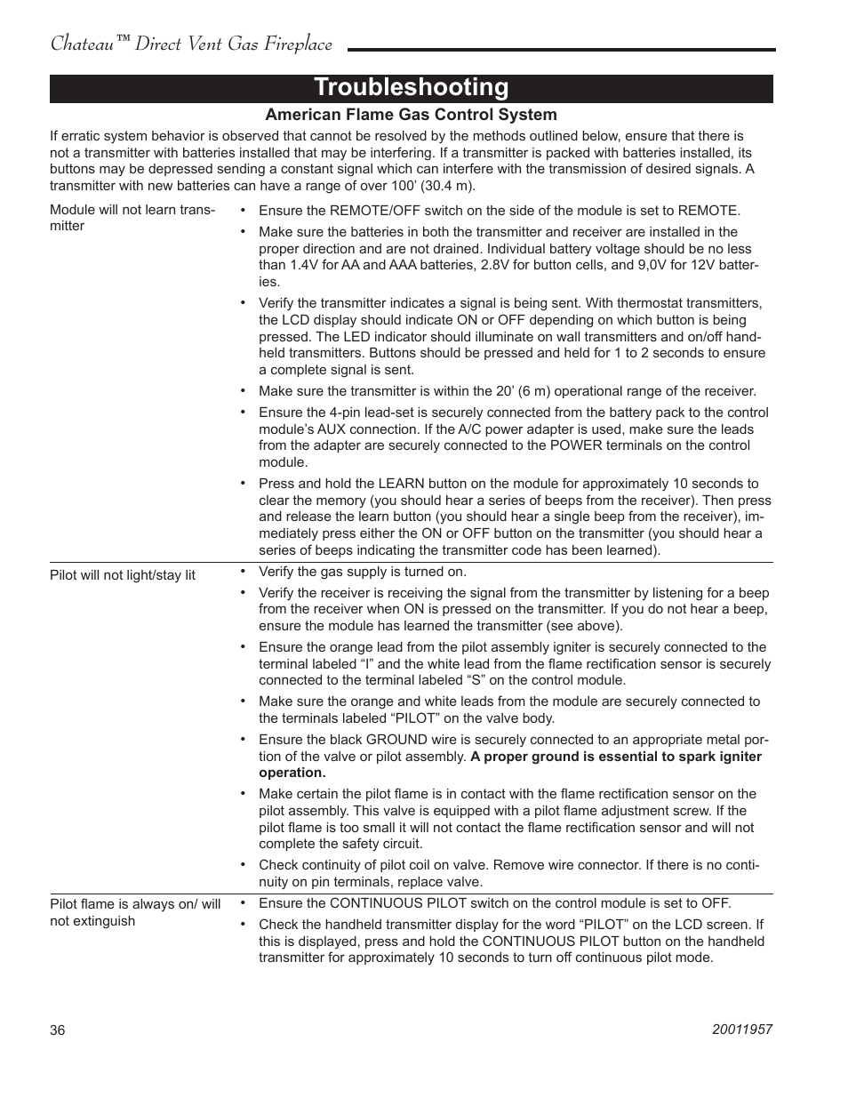 Troubleshooting, Chateau™ direct vent gas fireplace | Vermont Casting ChateauTM DTV38s2 User Manual | Page 36 / 48