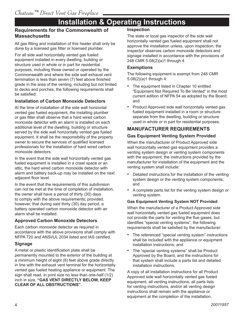 Installation & operating instructions, Chateau™ direct vent gas fireplace | Vermont Casting ChateauTM DTV38s2 User Manual | Page 4 / 48