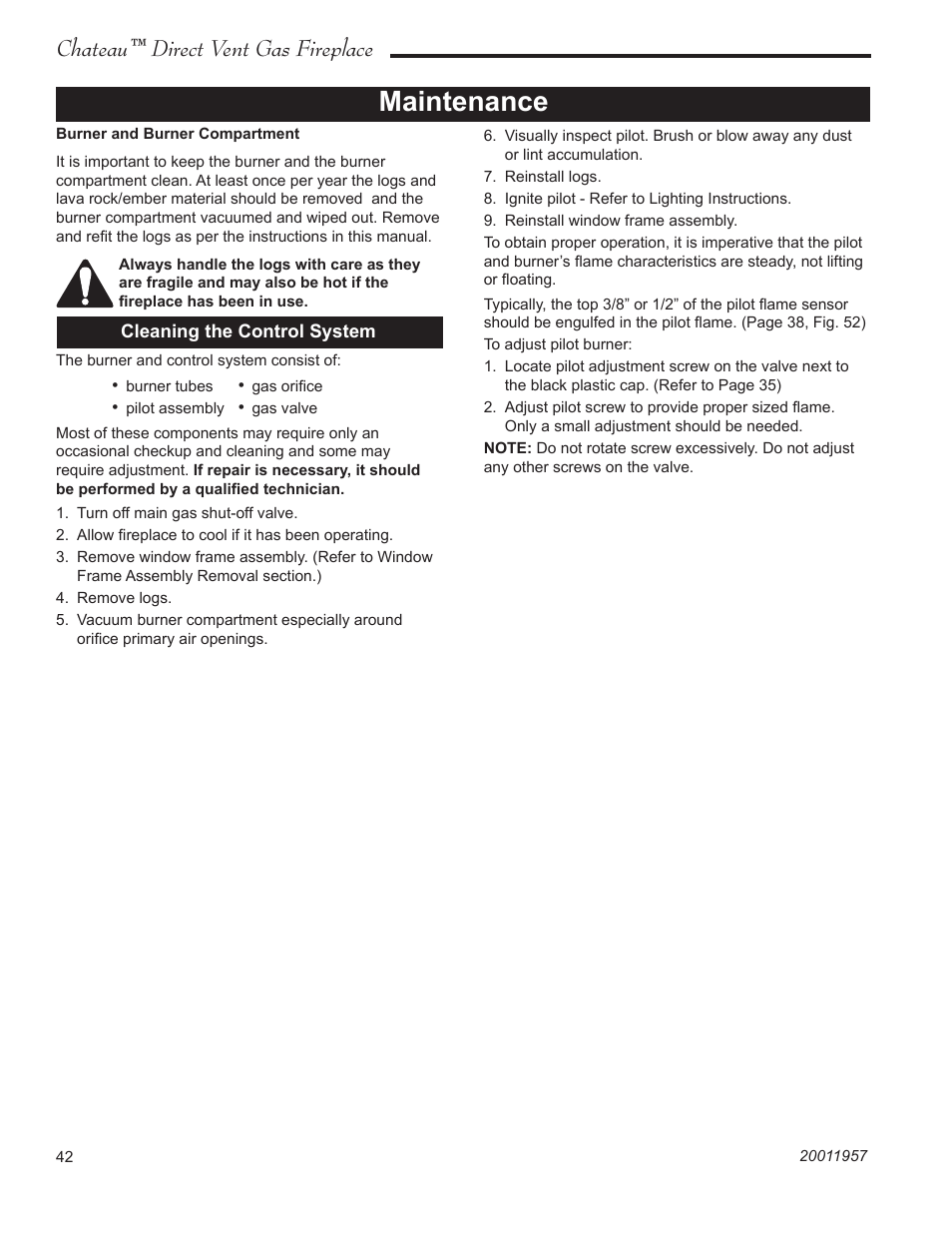 Maintenance, Chateau™ direct vent gas fireplace | Vermont Casting ChateauTM DTV38s2 User Manual | Page 42 / 48