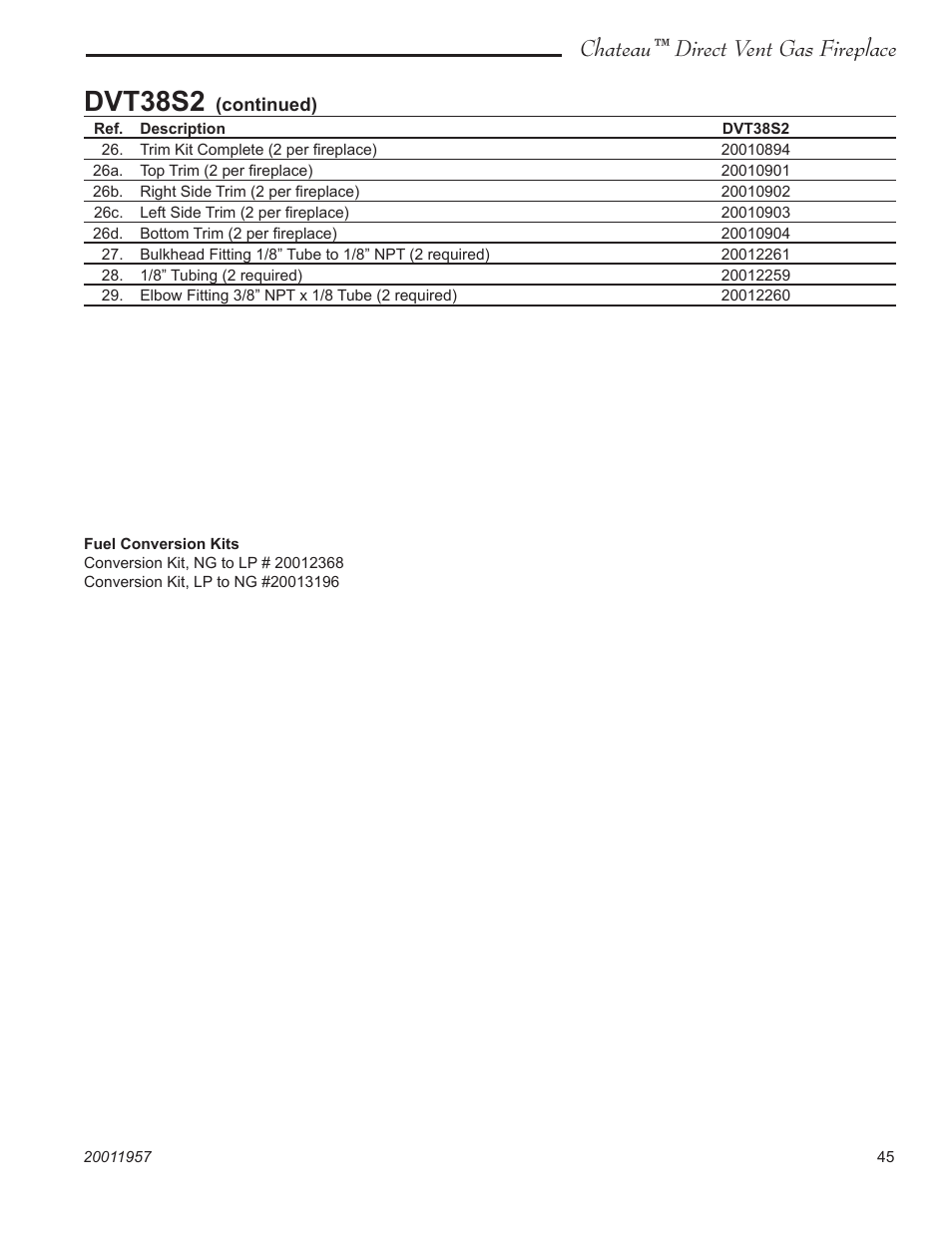 Dvt38s2, Chateau™ direct vent gas fireplace | Vermont Casting ChateauTM DTV38s2 User Manual | Page 45 / 48