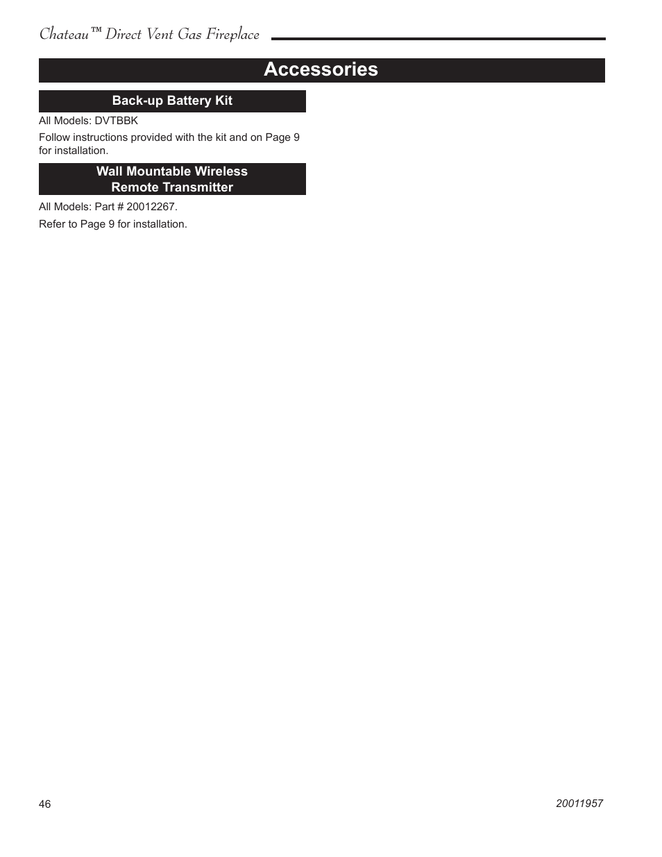 Accessories, Chateau™ direct vent gas fireplace | Vermont Casting ChateauTM DTV38s2 User Manual | Page 46 / 48