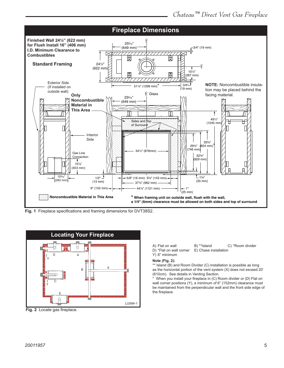 Chateau™ direct vent gas fireplace, Fireplace dimensions, Locating your fireplace | Standard framing | Vermont Casting ChateauTM DTV38s2 User Manual | Page 5 / 48