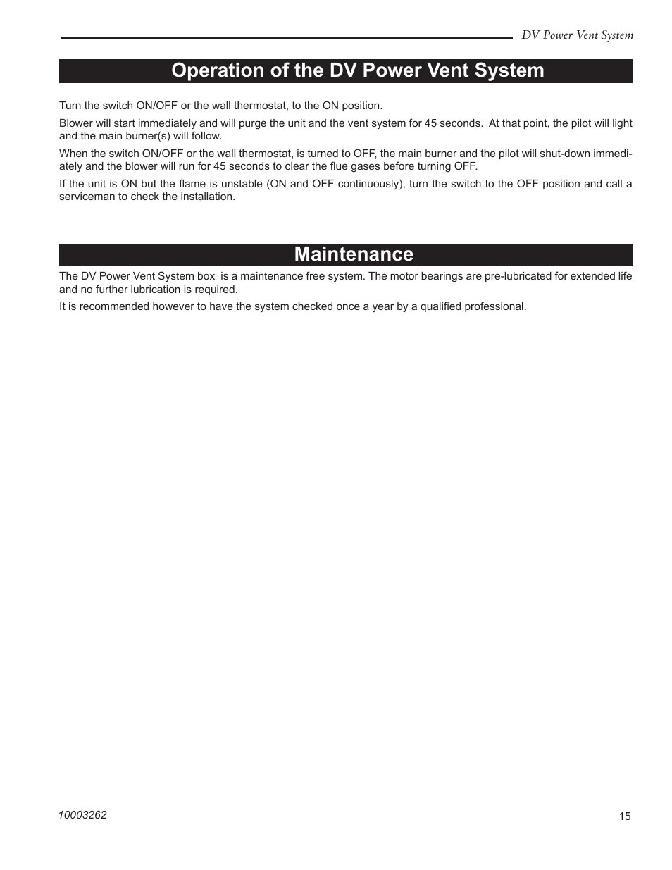 Maintenance, Operation of the dv power vent system | Vermont Casting 7PDVS User Manual | Page 15 / 24