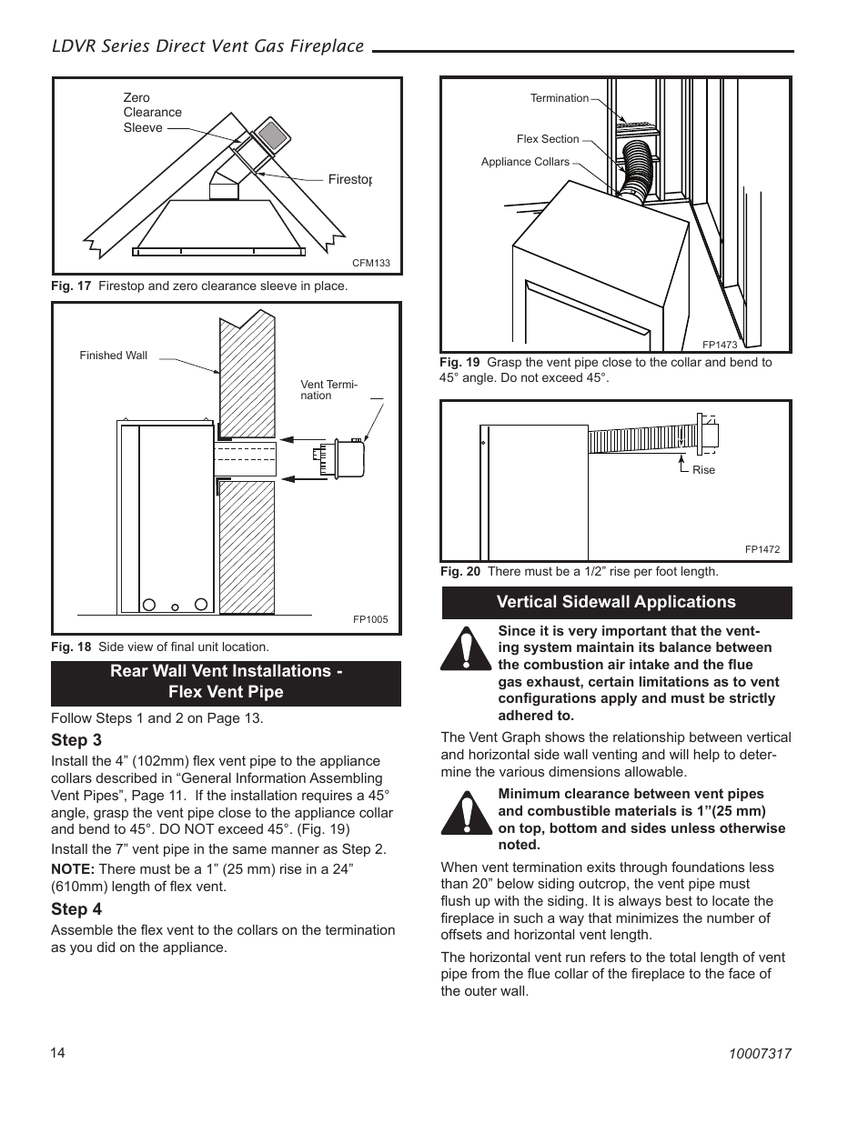 Ldvr series direct vent gas fireplace, Vertical sidewall applications, Rear wall vent installations - flex vent pipe | Step 3, Step 4 | Vermont Casting 43LDVR User Manual | Page 14 / 40