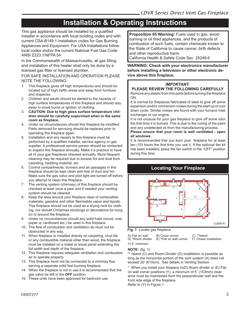 Installation & operating instructions, Ldvr series direct vent gas fireplace, Locating your fireplace | Vermont Casting 43LDVR User Manual | Page 3 / 40