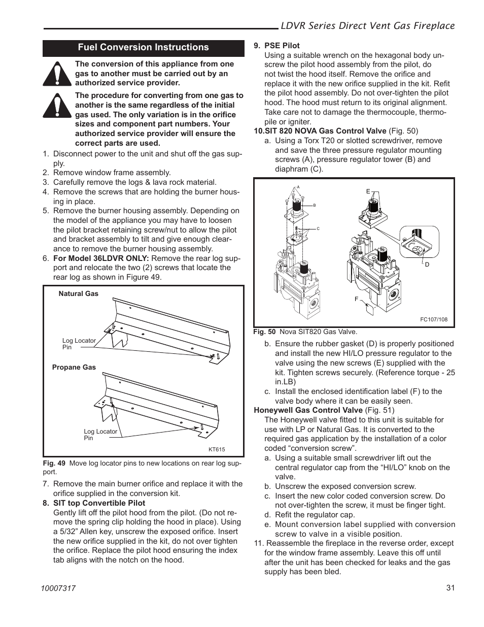 Ldvr series direct vent gas fireplace, Fuel conversion instructions | Vermont Casting 43LDVR User Manual | Page 31 / 40