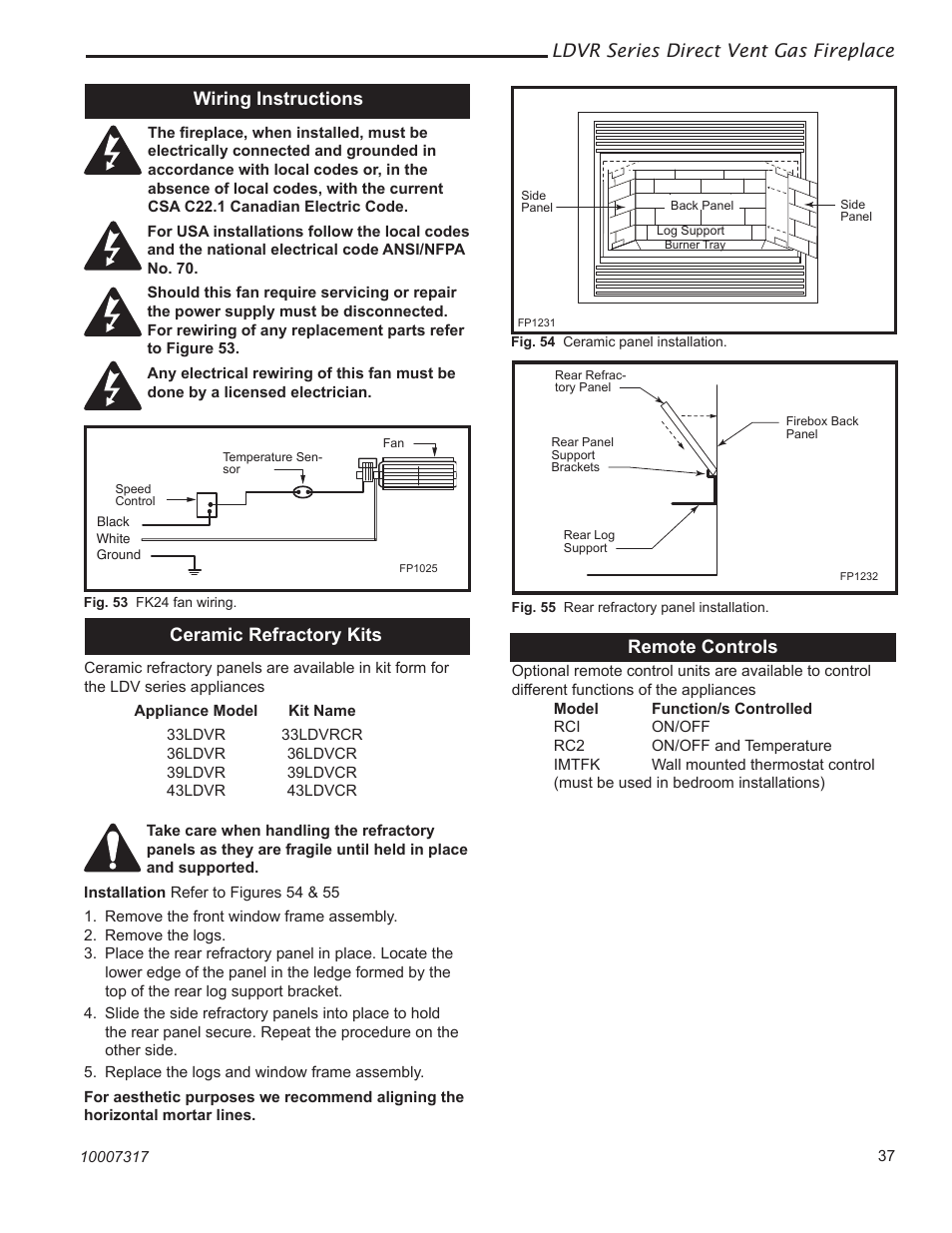 Ldvr series direct vent gas fireplace, Ceramic refractory kits, Wiring instructions | Remote controls | Vermont Casting 43LDVR User Manual | Page 37 / 40