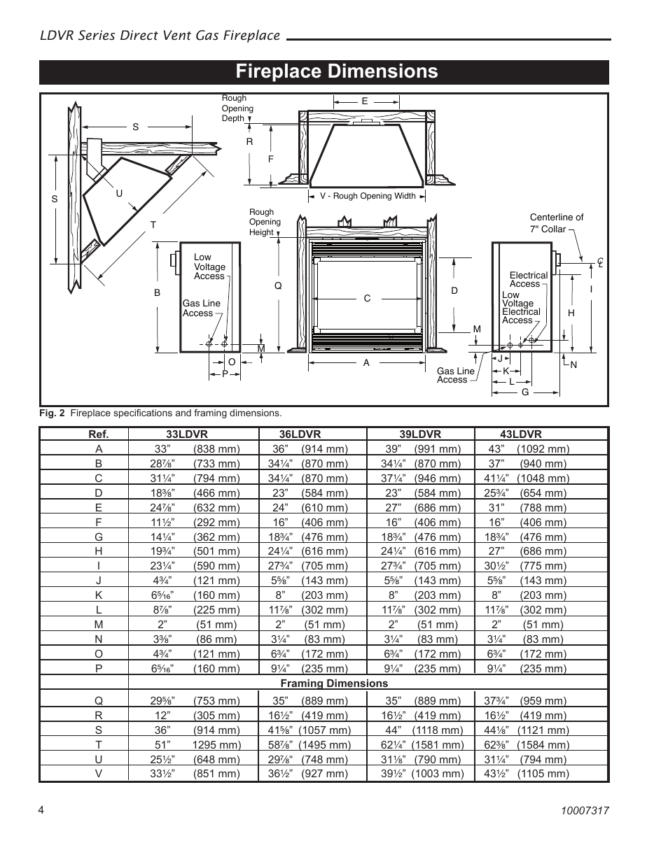Fireplace dimensions | Vermont Casting 43LDVR User Manual | Page 4 / 40