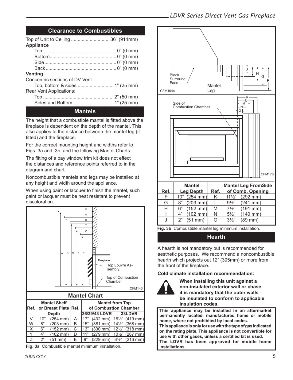 Ldvr series direct vent gas fireplace, Hearth mantels, Clearance to combustibles | Mantel chart | Vermont Casting 43LDVR User Manual | Page 5 / 40