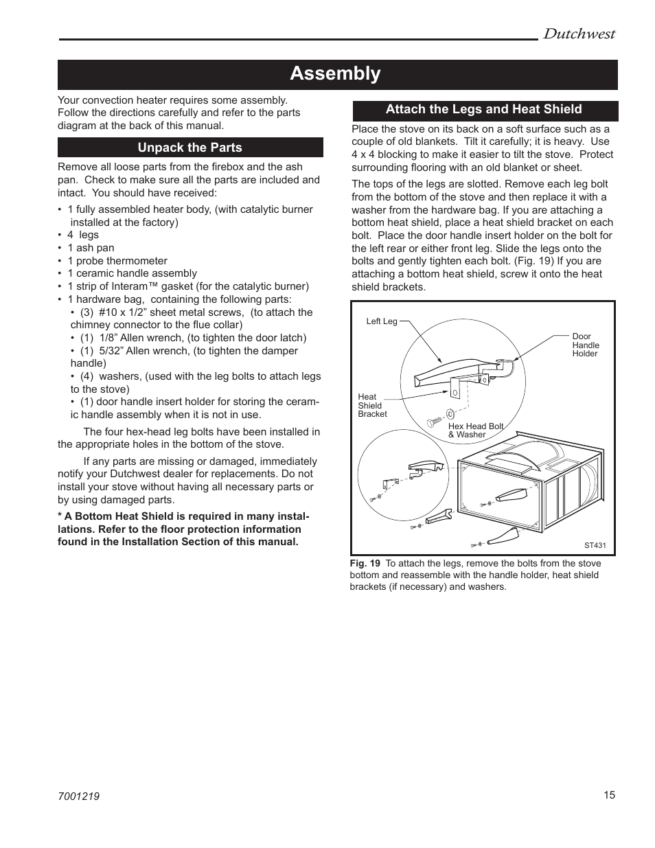 Assembly, Dutchwest, Unpack the parts | Attach the legs and heat shield | Vermont Casting 2463 User Manual | Page 15 / 32
