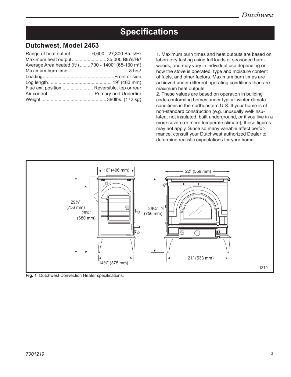 Speciﬁcations, Dutchwest, Dutchwest, model 2463 | Vermont Casting 2463 User Manual | Page 3 / 32