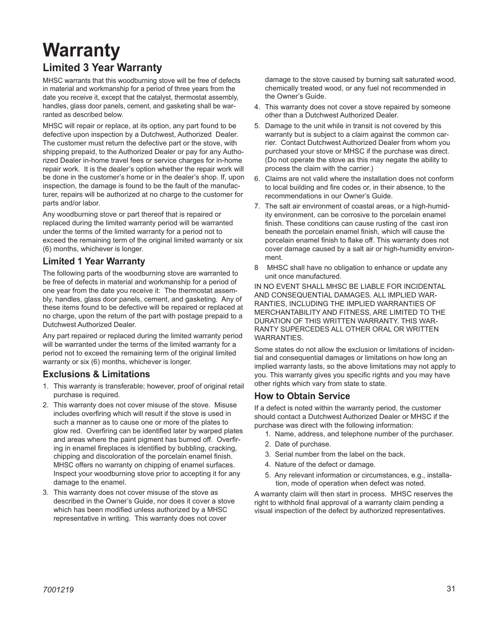 Warranty, Dutchwest, Limited 3 year warranty | Vermont Casting 2463 User Manual | Page 31 / 32