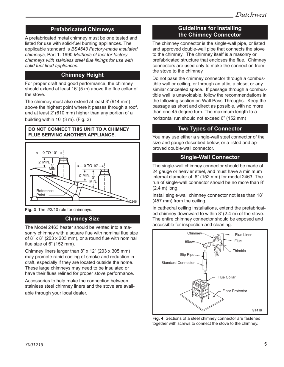 Dutchwest, Prefabricated chimneys, Chimney height | Chimney size, Guidelines for installing the chimney connector, Two types of connector, Single-wall connector | Vermont Casting 2463 User Manual | Page 5 / 32