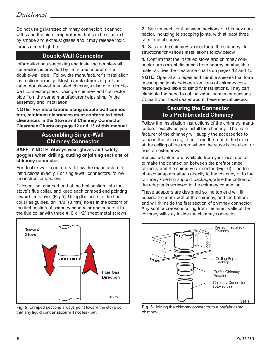 Dutchwest, Double-wall connector, Assembling single-wall chimney connector | Securing the connector to a prefabricated chimney | Vermont Casting 2463 User Manual | Page 6 / 32