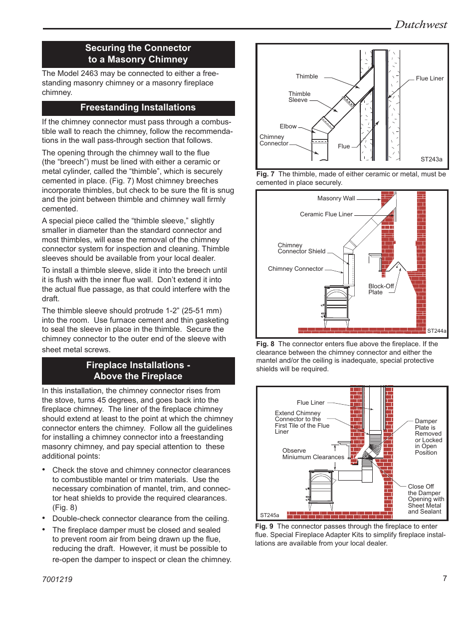 Dutchwest, Securing the connector to a masonry chimney, Freestanding installations | Fireplace installations - above the fireplace | Vermont Casting 2463 User Manual | Page 7 / 32