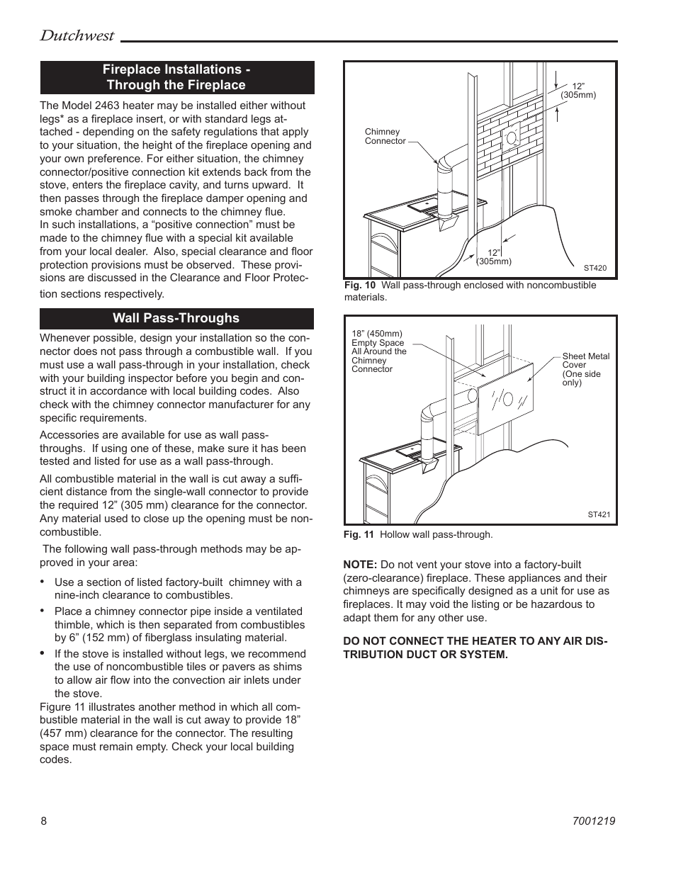 Dutchwest, Fireplace installations - through the fireplace, Wall pass-throughs | Vermont Casting 2463 User Manual | Page 8 / 32