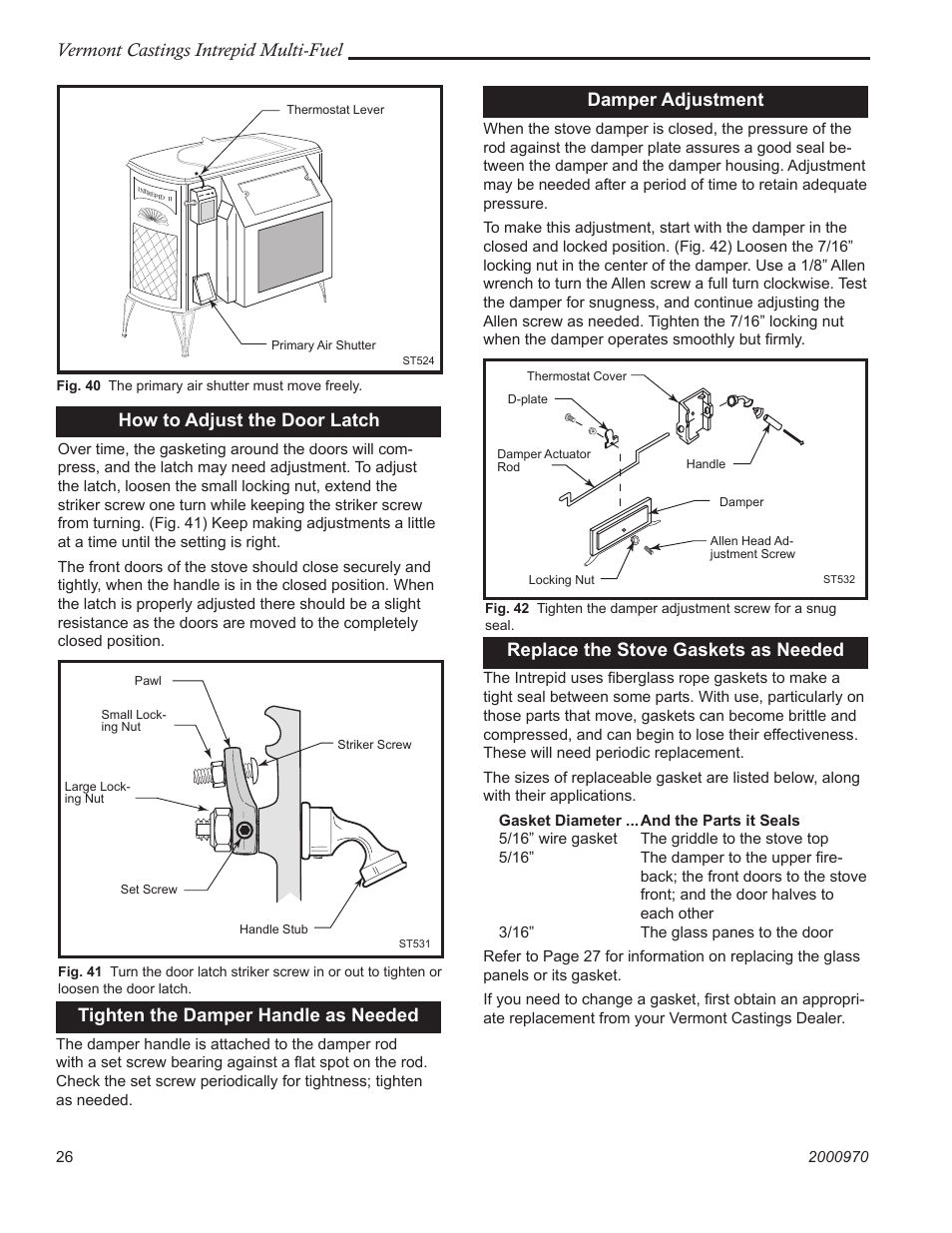 Vermont castings intrepid multi-fuel, How to adjust the door latch, Damper adjustment | Replace the stove gaskets as needed, Tighten the damper handle as needed | Vermont Casting 1695 User Manual | Page 26 / 32