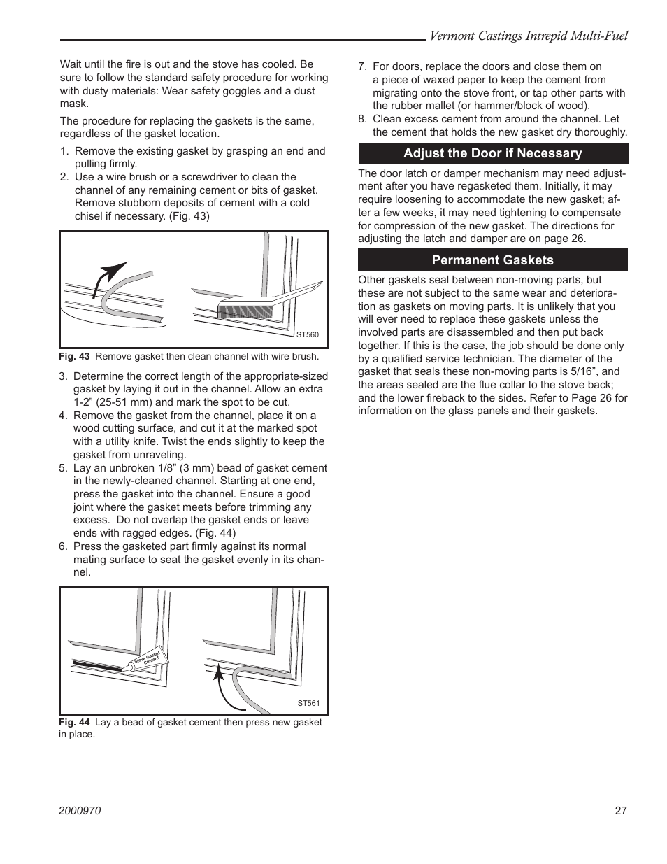 Vermont castings intrepid multi-fuel, Adjust the door if necessary, Permanent gaskets | Vermont Casting 1695 User Manual | Page 27 / 32