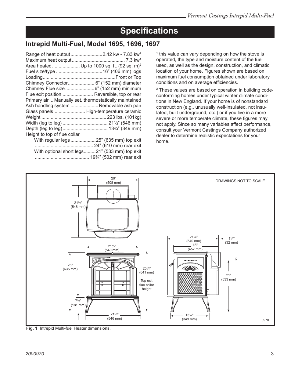 Speciﬁcations, Vermont castings intrepid multi-fuel | Vermont Casting 1695 User Manual | Page 3 / 32