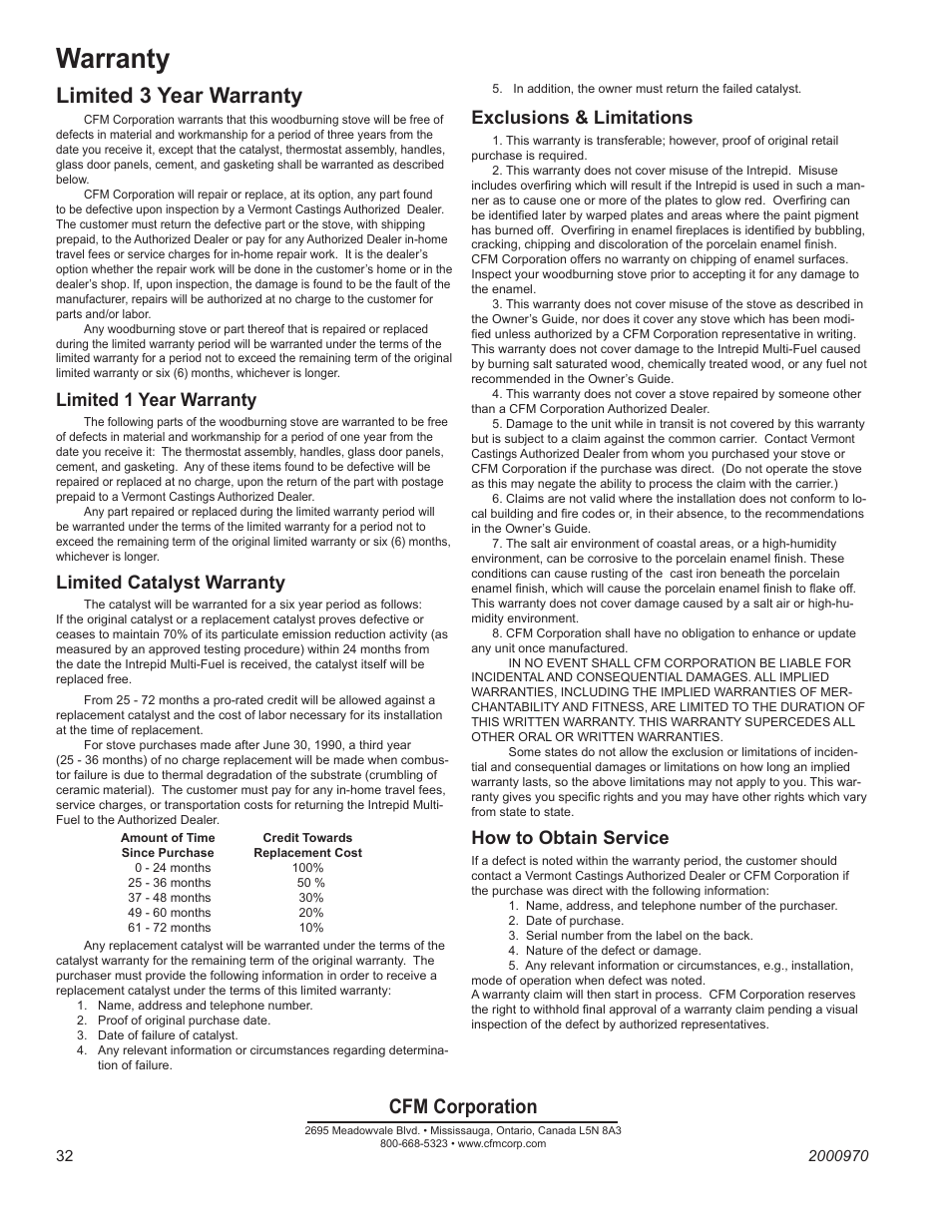 Warranty, Limited 3 year warranty, Cfm corporation | Vermont castings intrepid multi-fuel, Limited 1 year warranty, Limited catalyst warranty, Exclusions & limitations, How to obtain service | Vermont Casting 1695 User Manual | Page 32 / 32