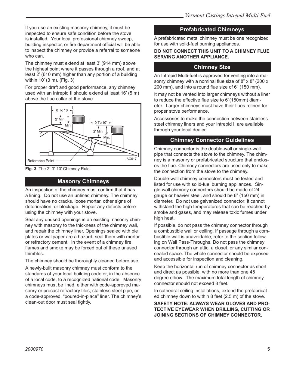 Vermont castings intrepid multi-fuel, Masonry chimneys, Prefabricated chimneys | Chimney size, Chimney connector guidelines | Vermont Casting 1695 User Manual | Page 5 / 32