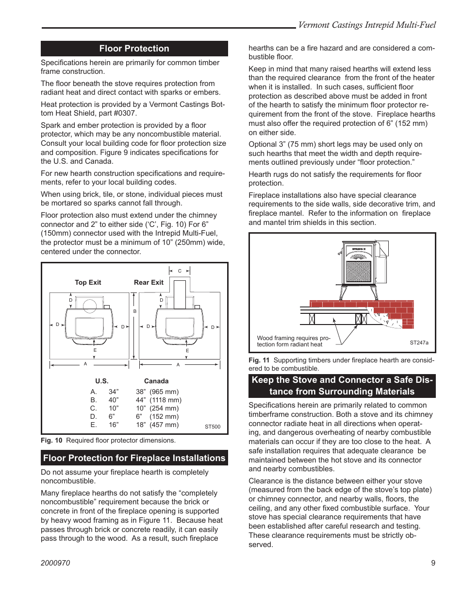 Vermont castings intrepid multi-fuel, Floor protection, Floor protection for fireplace installations | Vermont Casting 1695 User Manual | Page 9 / 32
